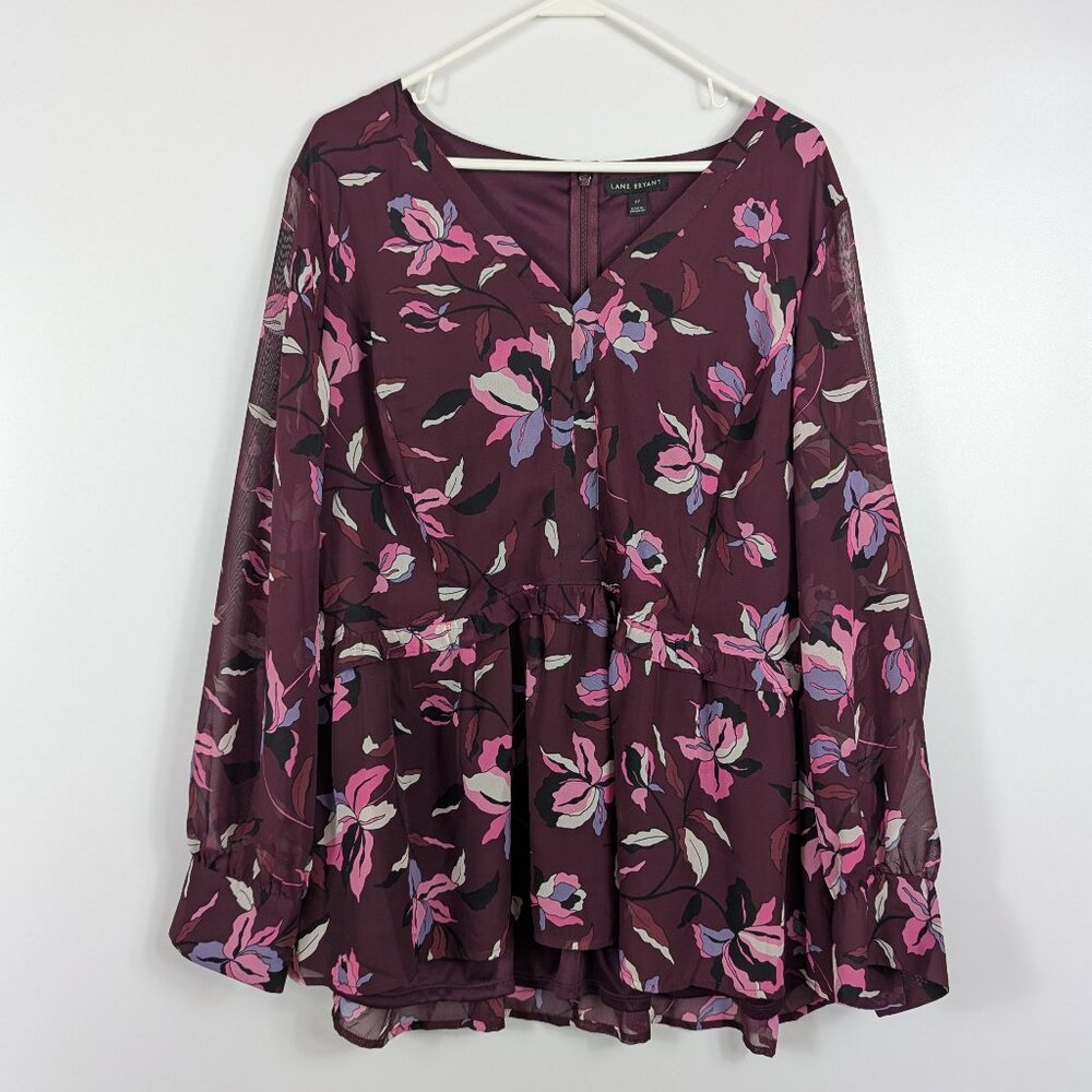 Lane Bryant Floral Sheer Sleeve V-Neck Blouse